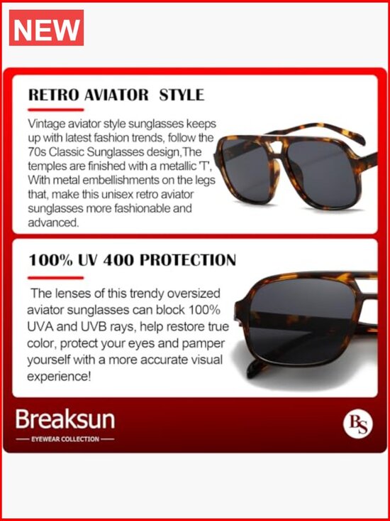 Retro Aviator Sunglasses UV400 Protection Oversized Square Shades